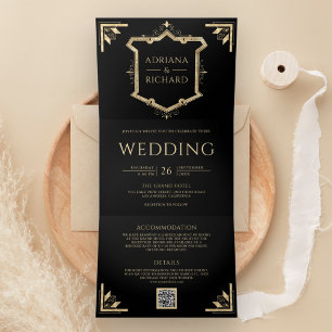 Invitation Trois Volets Vintage Gold Crest QR Code Mariage noir