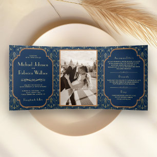 Invitation Trois Volets Vintage Navy Blue Great Gatsby Art Déco Mariage