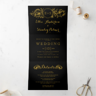Invitation Trois Volets Vintage noir, cadre fleuri or, initiales mariage