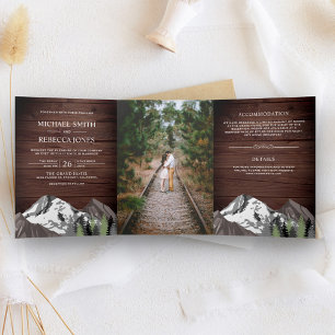 Invitation Trois Volets Vintage Rustic Wood Mountain Mariage photo