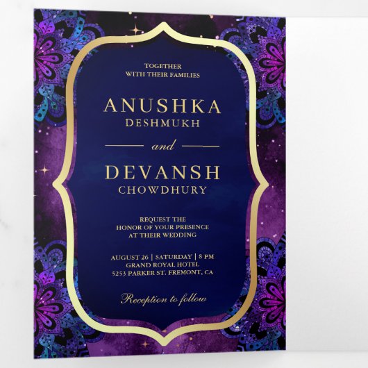 Invitation Trois Volets Violet Galaxy bleu Mandala QR Code Mariage indien (Intérieur en premier)
