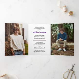 Invitation Trois Volets Violet Gras & Moderne Photo de remise des diplômes