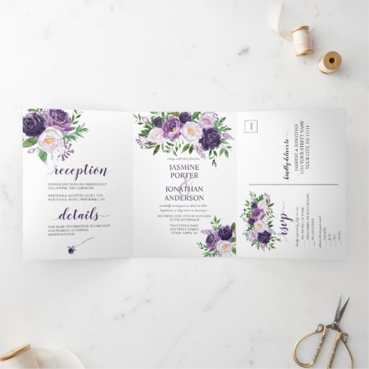 Invitation Trois Volets Violet, Lavande, Roses roses roses Mariage | (Intérieur)