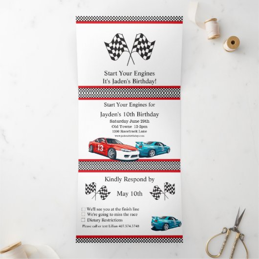 Invitation Trois Volets Voiture de course Anniversaire, 10e anniversaire I (Intérieur)