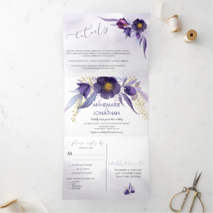 Invitation Trois Volets Watercolor Purple Gold Rose Floral Wedding