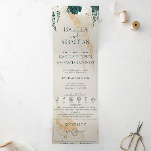 Invitation Trois Volets Wedding Cream All in one Emerald Green Rose Floral (Intérieur)