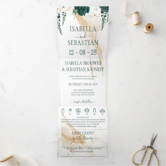 Invitation Trois Volets Wedding White All in one Emerald Green Rose Floral