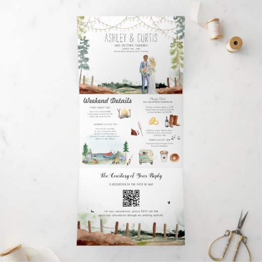 Invitation Trois Volets Week-end rustique dans les bois | Mariage forestie (Intérieur)