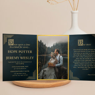 Invitation Trois Volets Whimsical Fairy Tale Livre Or Emerald Magie