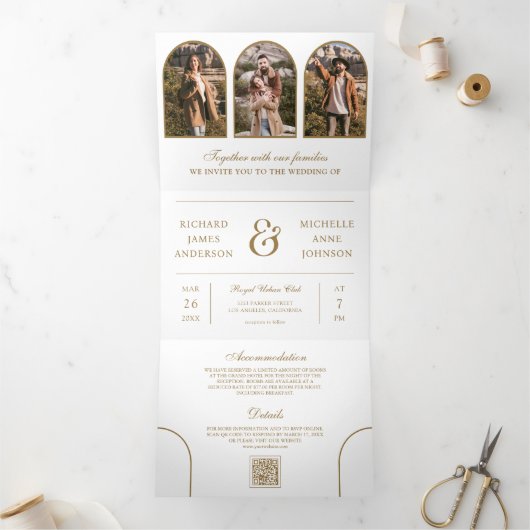 Invitation Trois Volets White Gold Arch Photo QR code Wedding (Intérieur)