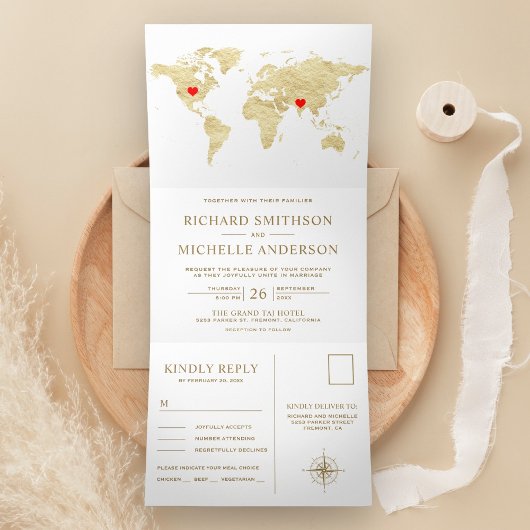 Invitation Trois Volets White Gold World Map All in One Wedding