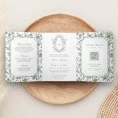 Invitation Trois Volets White Sage Green Chinoiserie Crest QR Code Mariage