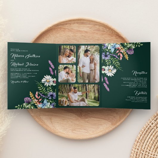 Invitation Trois Volets Wildflower Photo All in One Emerald Green Wedding