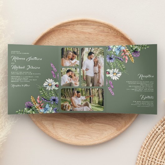 Invitation Trois Volets Wildflower Photo All in One Sage Green Wedding