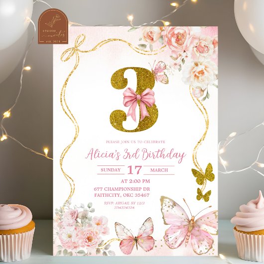 Invitation Troisième anniversaire Bow Coquette Papillon Rose