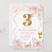 Invitation Troisième anniversaire Bow Coquette Papillon Rose (Devant)