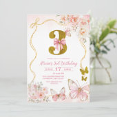 Invitation Troisième anniversaire Bow Coquette Papillon Rose (Debout devant)