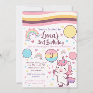 Invitation Troisième anniversaire de la Fille Licorne Magique