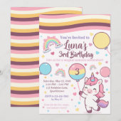 Invitation Troisième anniversaire de la Fille Licorne Magique (Devant / Derrière)