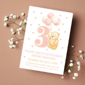 Invitation Troisième Anniversaire mignon Ours rose Ballons Wh
