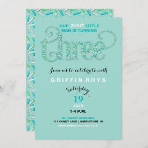 Invitation Troisième anniversaire Mint & Aqua arroses 3 ans