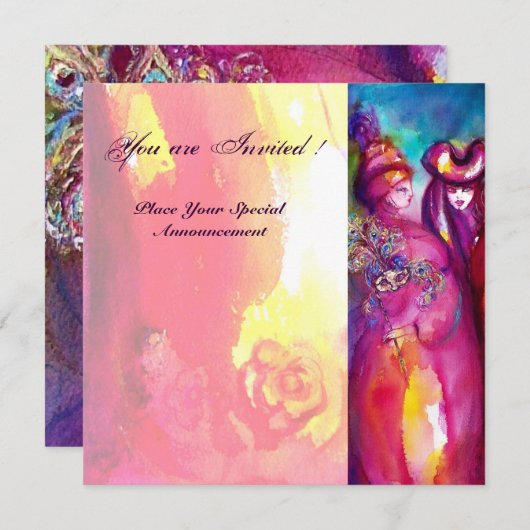 Invitation TROISIÈME BAL masqué ,or rouge jaune bleu (Devant / Derrière)