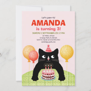 Invitation Troisième fête d'anniversaire avec chat, gâteau et