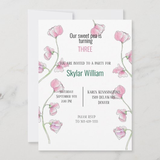 Invitation Troisième fête d'anniversaire Pink Sweet Pea (Devant)