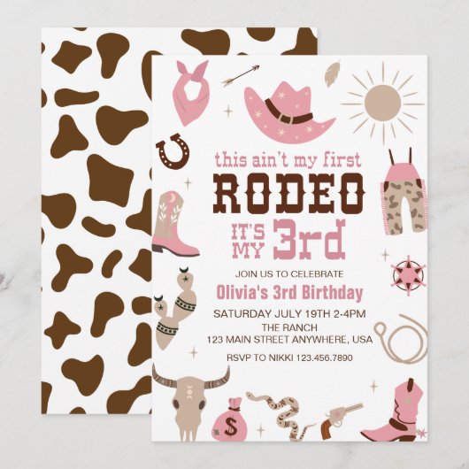 Invitation Troisième Rodéo Western Cowgirl 3e anniversaire (Devant / Derrière)
