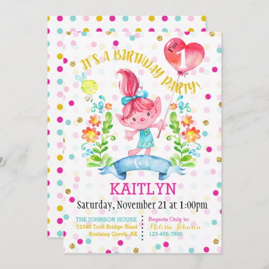 Invitation Troll Fleurs Filles Balloon Premier anniversaire (Devant / Derrière)