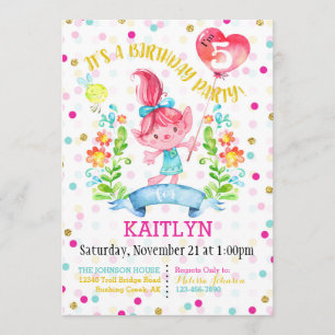 Invitation Troll Girl Flowers Balloon Cinquième Anniversaire