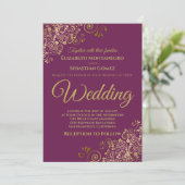 Invitation Troncs d'or simple châssis violet Mariage (Debout devant)