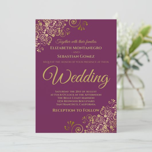Invitation Troncs d'or simple châssis violet Mariage (Debout devant)