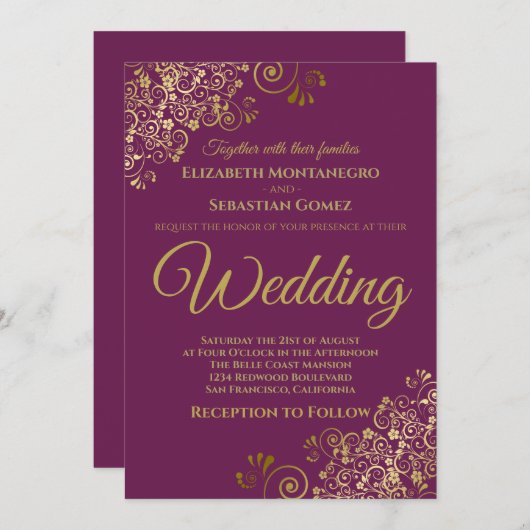 Invitation Troncs d'or simple châssis violet Mariage (Devant / Derrière)