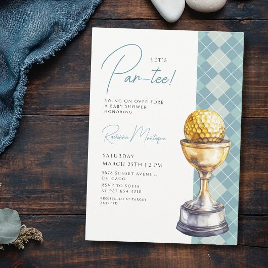 Invitation Trophée de golf Argyle bleu pour Baby Shower Let's