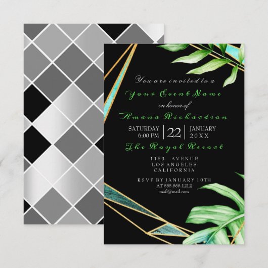Invitation Tropic Aqua Black White FrameGreen Anniversaire (Devant / Derrière)