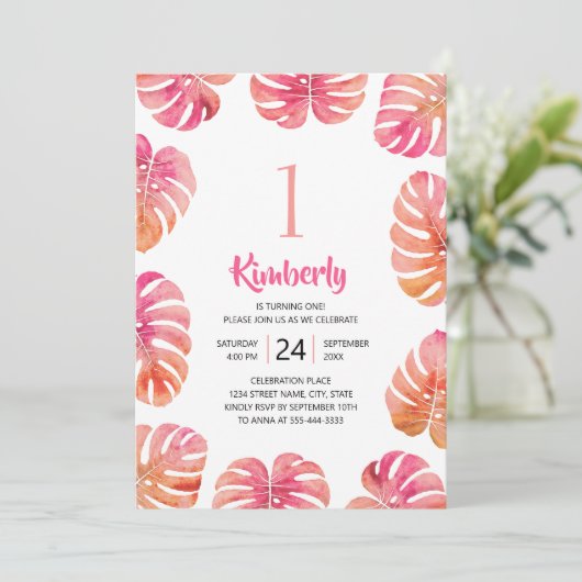 Invitation Tropical 1er anniversaire fête Pink Summer Beach (Debout devant)