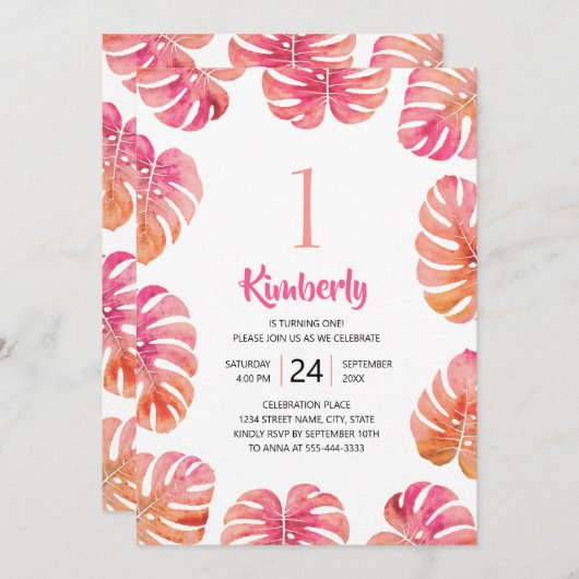 Invitation Tropical 1er anniversaire fête Pink Summer Beach (Devant / Derrière)