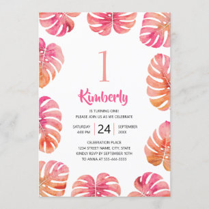 Invitation Tropical 1er anniversaire fête Pink Summer Beach