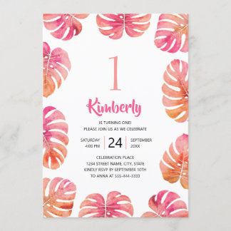 Invitation Tropical 1er anniversaire fête Pink Summer Beach