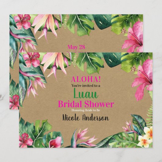 Invitation Tropical Aloha Fleurs Luau Kraft Shower de Mariage (Devant / Derrière)