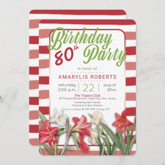 Invitation Tropical Amaryllis rayé 80e fête d'anniversaire (Devant / Derrière)