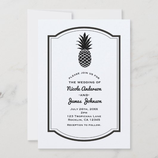 Invitation Tropical Ananas Noir & Blanc Élégant Chic (Devant)