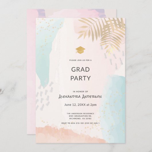 Invitation Tropical Aquarelle Brush Strokes Graduation (Devant / Derrière)