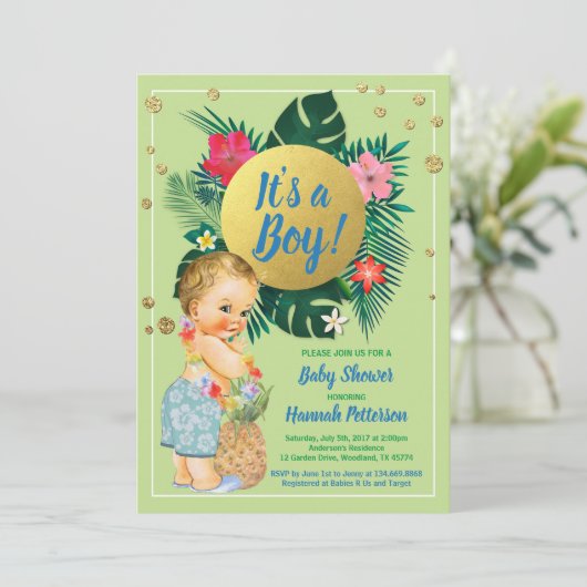 Invitation Tropical baby boy couples douche or vert (Debout devant)