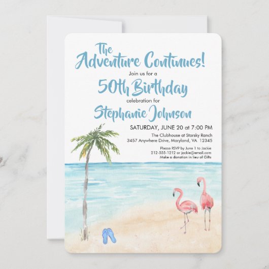Invitation Tropical Beach Adventure 50th Birthday Party Blue (Devant)
