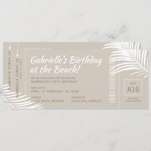 Invitation Tropical Beach Boarding Pass Voyage d'anniversaire (Devant / Derrière)