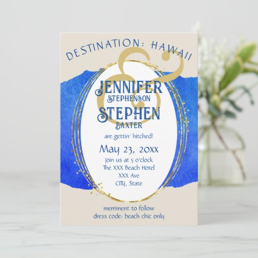 Invitation Tropical Beach Chic Mariage de destination Bleu O (Debout devant)