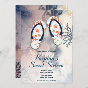 Invitation Tropical Beach Coral Flip Flops Sweet 16 Party 