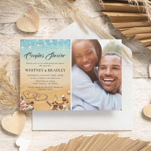Invitation Tropical Beach Heart Photo Couples Douche